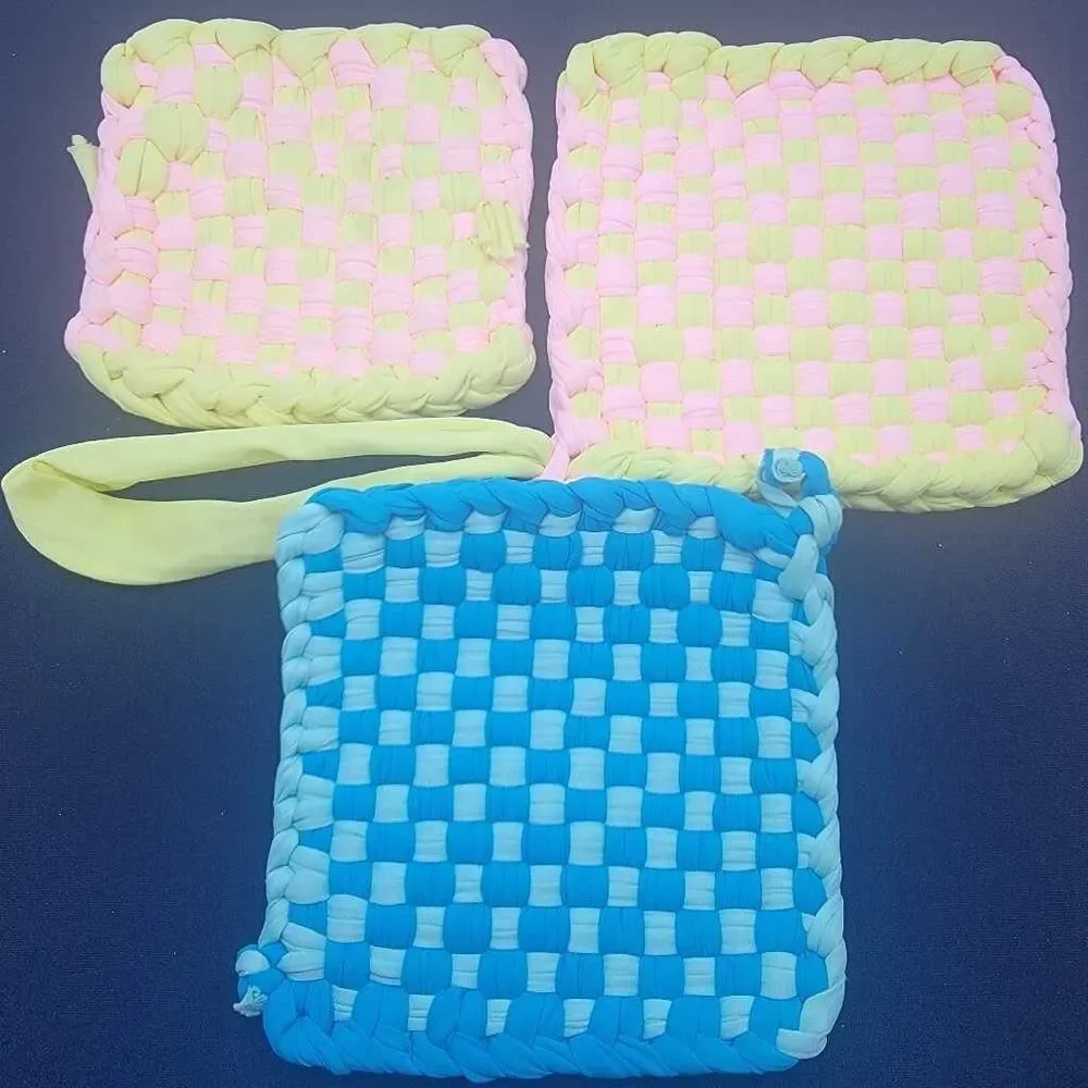 3pc Woven Pot Holders Trivets Set Blue Pink Yellow Checkered Kitchen Hot Pad